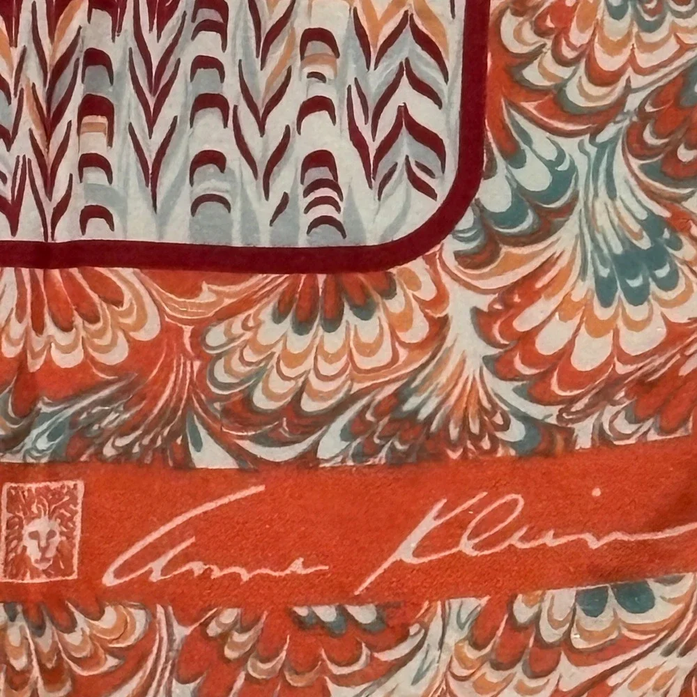 Anne Klein Scarf Women 25in Orange Red Silk Marbled Feather Print Preppy Classic